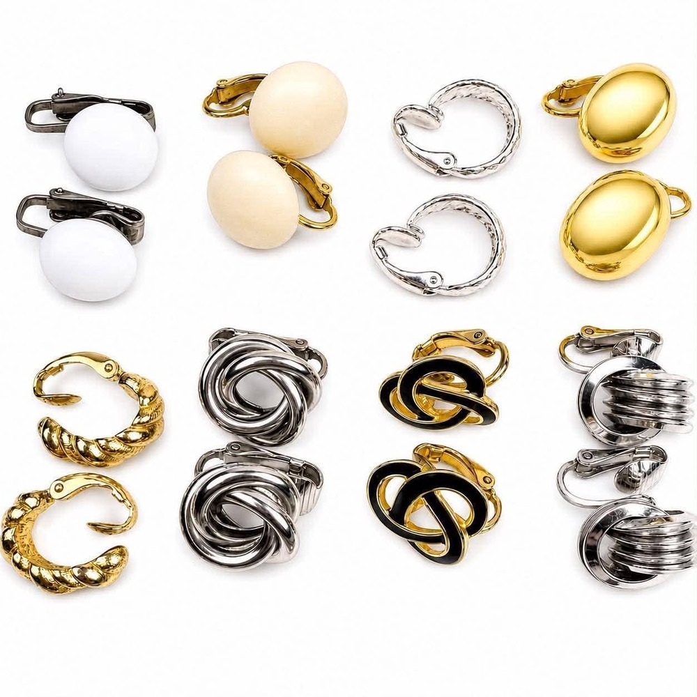Vintage Clip On Earring Lot 8 Pairs Gold Silver Tone Enamel Hoops Knots Domes